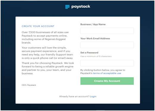 Paystack Nigeria Business Name Signup